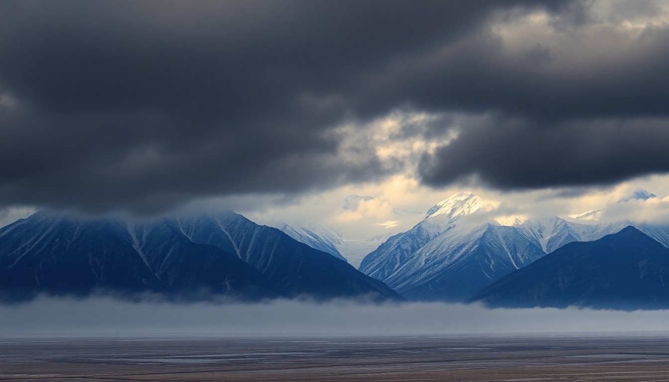 A sweeping, atmospheric landscape painting in muted tones of gray, blue, and white, depicting the snow-capped mountains of southeast Wyoming partially obscured by heavy fog, conveying a sense of the overwhelming scale and power of nature.