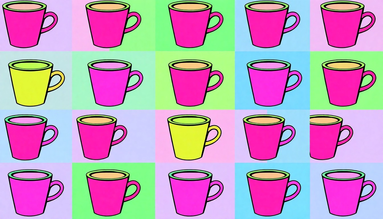 A highly stylized, pop art-inspired illustration featuring a repeating grid of colorful, neon-hued coffee cups, conceptually representing the energy and ambition of a new local coffee shop.