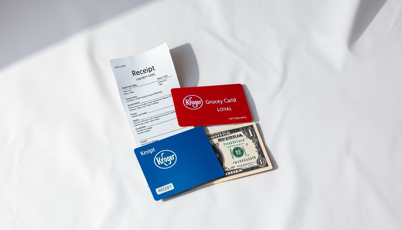 A high-end, photorealistic studio still-life photograph featuring a stack of Kroger grocery receipts, a Kroger loyalty card, and a crisp $5 bill, all arranged elegantly on a clean, white seamless background with sharp, dramatic lighting and deep shadows, conceptually representing consumer savings and the impact of fuel prices on household budgets.