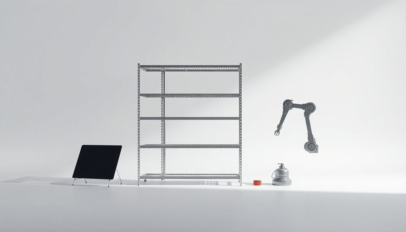 A high-end, photorealistic studio still-life photograph featuring a polished, geometric metal structure representing a modular industrial shelving system, along with a few small, premium objects like a tablet device and a robotic arm, all arranged elegantly on a clean, monochromatic seamless background and lit dramatically with sharp shadows to symbolize the precision and technology of modern logistics and distribution facilities.