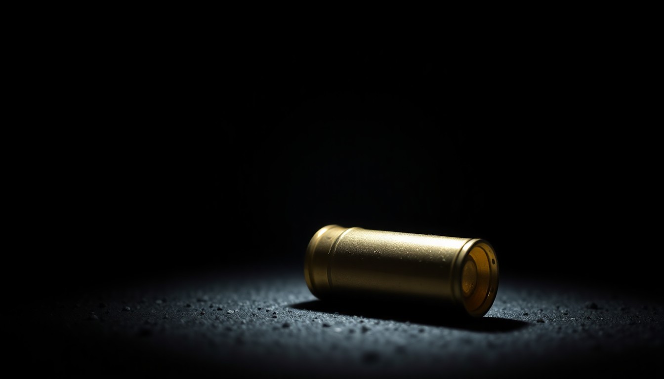 An extreme close-up photograph of a single shotgun shell casing lying on the ground, reflecting harsh, direct lighting that creates a stark, gritty, investigative aesthetic.