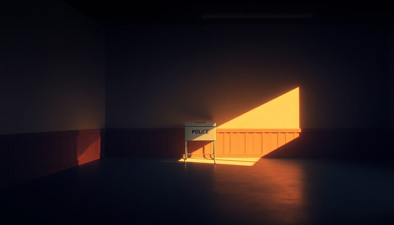A serene, painterly scene of an empty polling place or ballot box, with warm light and deep shadows creating a contemplative, almost melancholy mood.