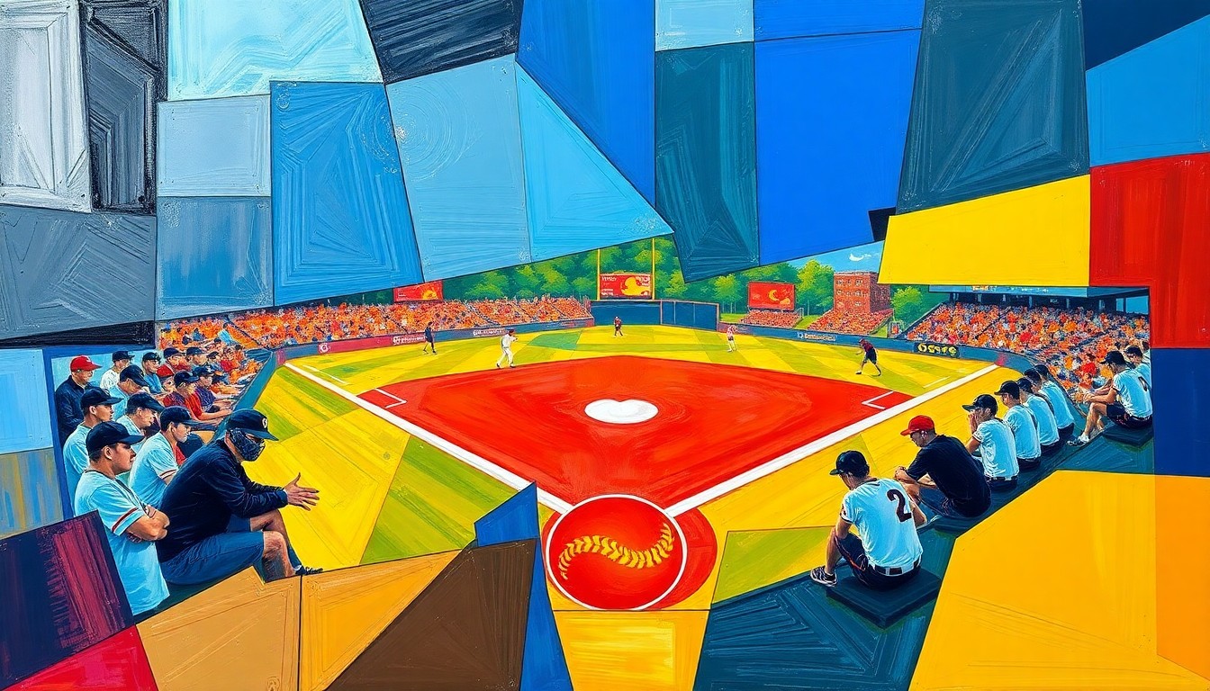 A cubist-style painting featuring overlapping geometric shapes and planes in bright colors, conceptually representing the dynamic action and energy of a high school softball game.