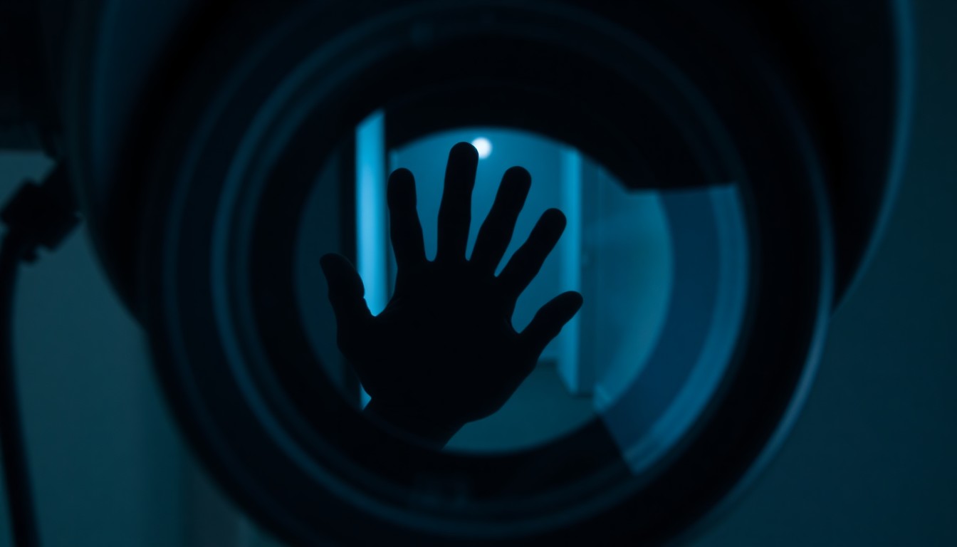An extreme close-up photograph of a security camera lens, reflecting the distorted silhouette of a person's hand, conceptually representing the surveillance footage that captured the hallway incident.