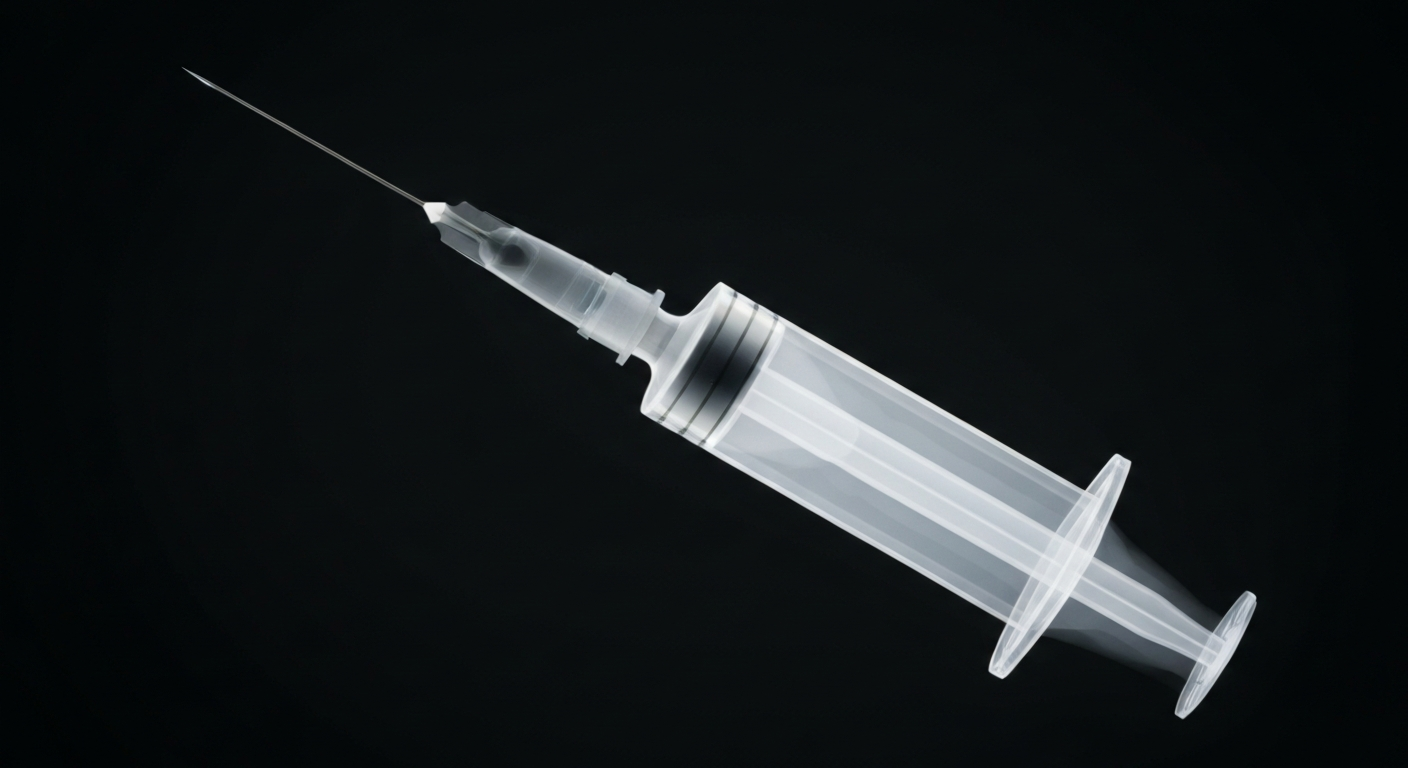 A translucent X-ray photograph showing the internal structure of a medical syringe, appearing as a ghostly, glowing outline against a dark background, conceptually representing the fragility and danger of improperly discarded sharps.