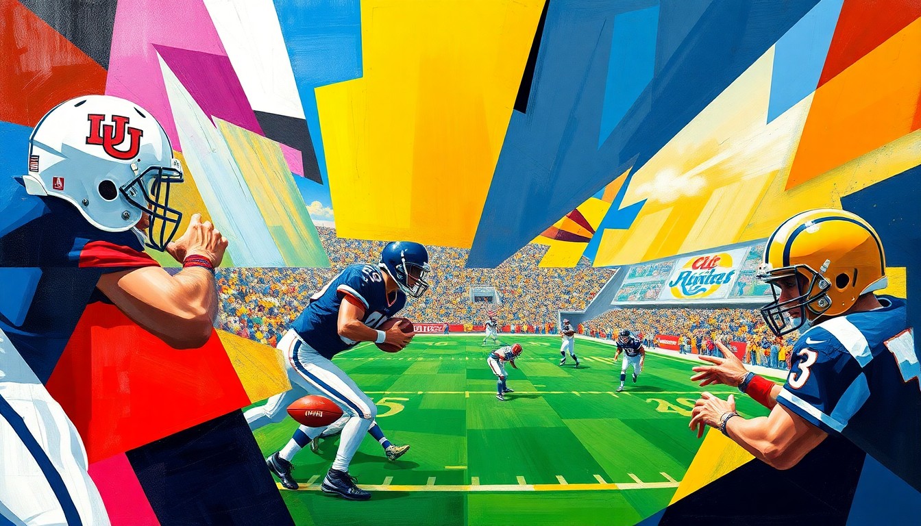 A cubist, geometric painting depicting a fragmented UFL football game, with sharp, overlapping planes of color representing the players and action on the field.