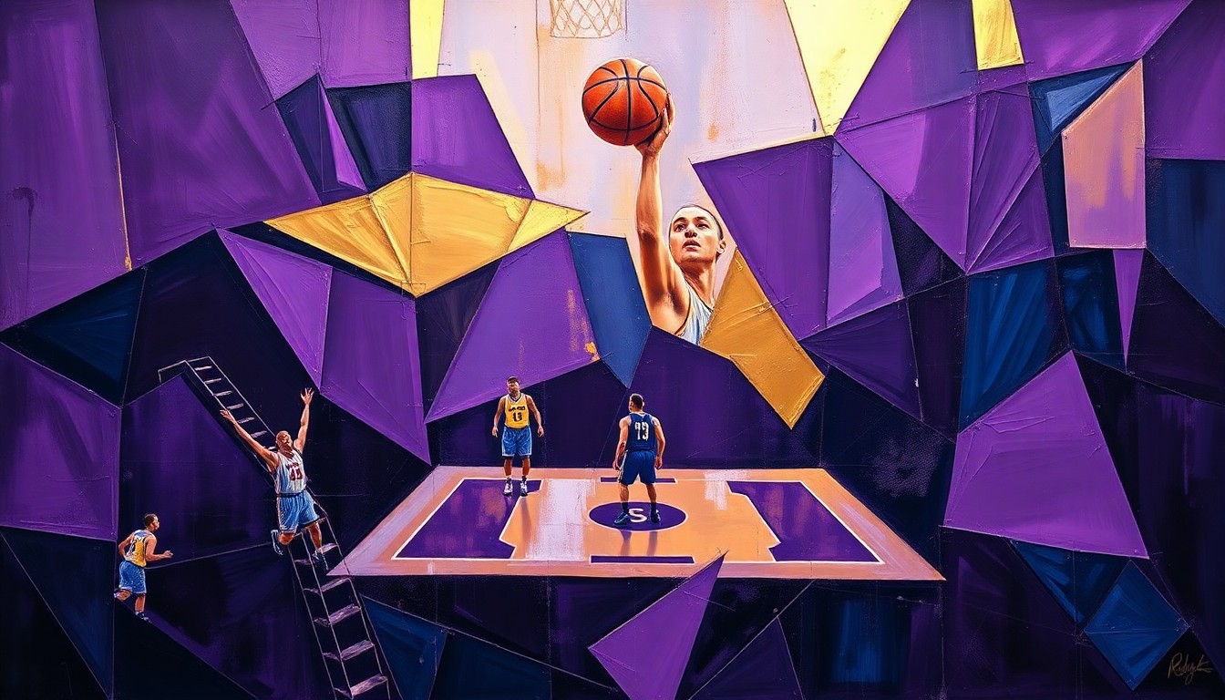 A cubist, geometric painting in shades of purple, blue, and gold, depicting the fragmented action of a basketball game, representing the Lakers' challenging playoff situation.