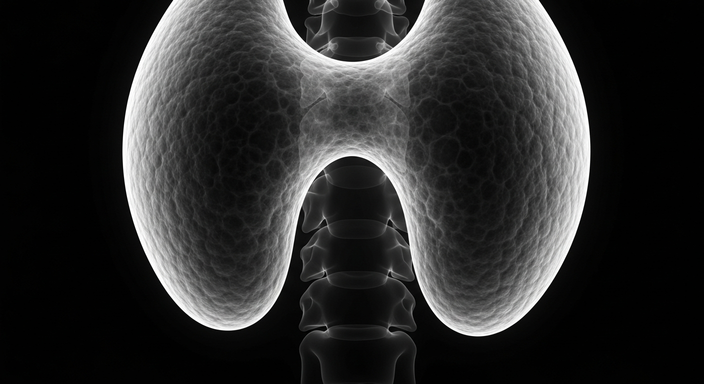 A ghostly, glowing X-ray image of a human thyroid gland, revealing its intricate internal structures against a dark background, conceptually illustrating the clinical investigation into safe medication adjustments for older adults.