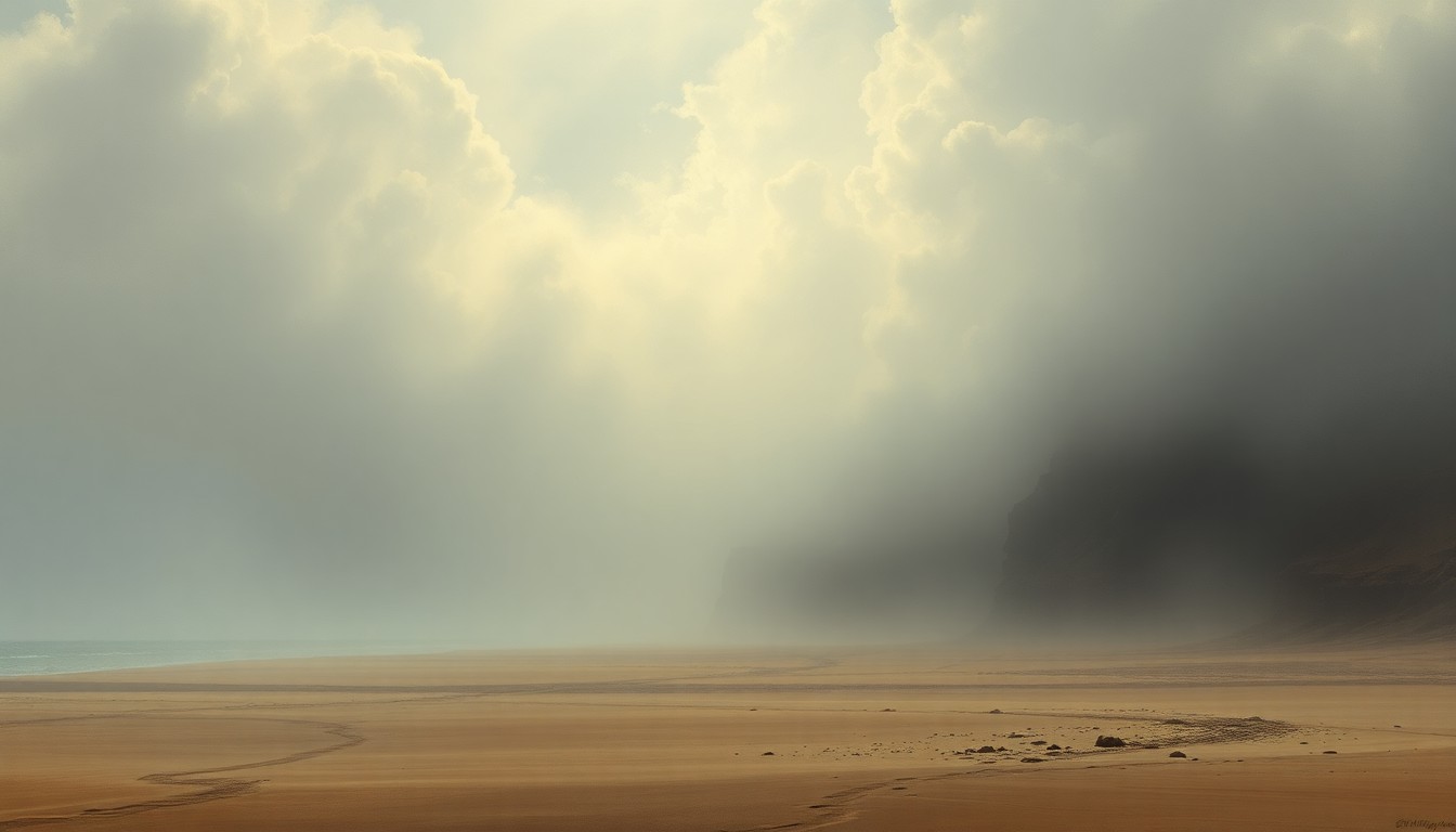 A vast, atmospheric landscape painting depicting a windswept, fog-shrouded beach, with only faint silhouettes of eroded dunes and scattered debris hinting at the human impact on the coastline.