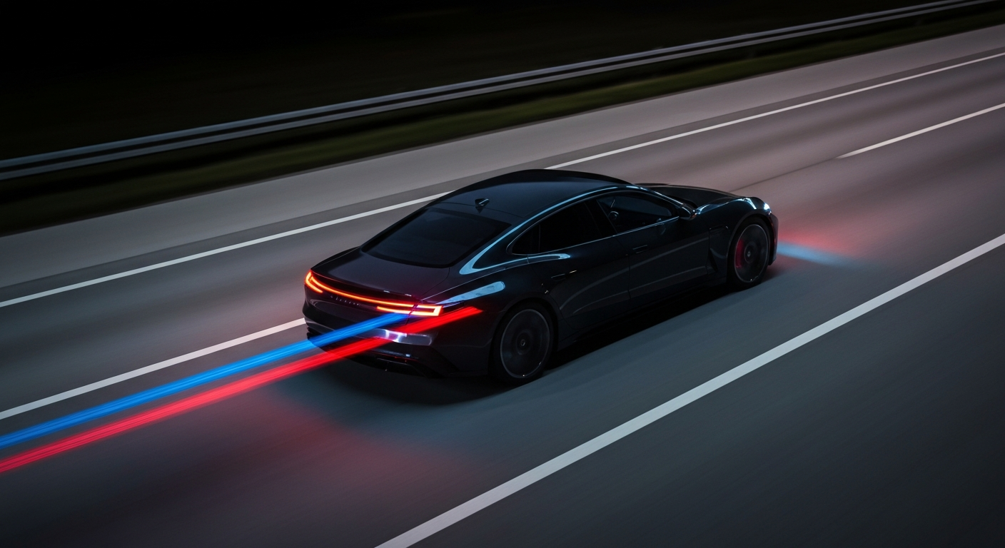 An abstract, sweeping color photograph depicting the blurred motion of a speeding electric vehicle, conveying a sense of power, technology, and the high-stakes competition in the automotive industry.