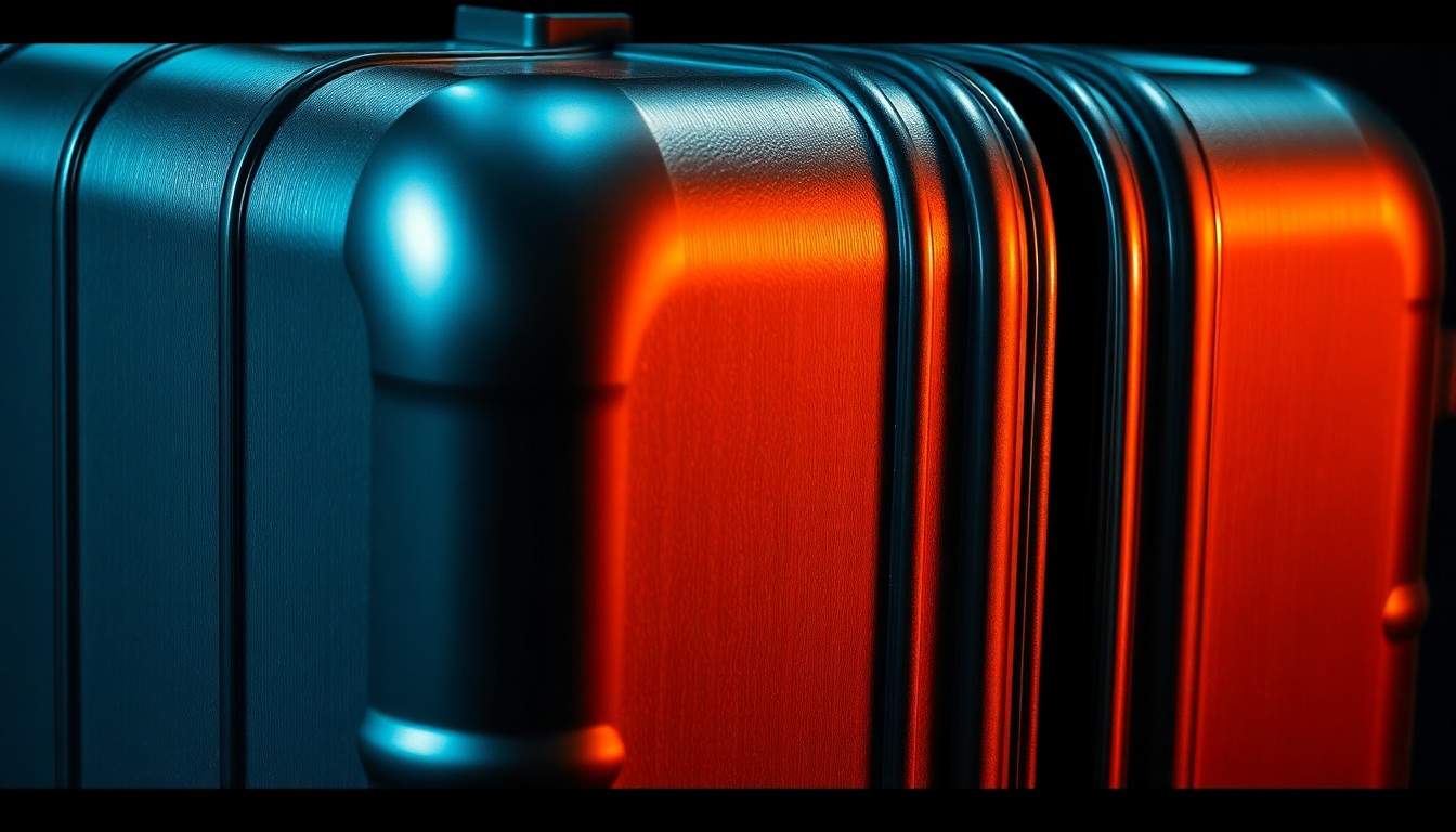 An extreme close-up photograph of the highly reflective surface of a silver suitcase, captured in dramatic studio lighting that creates a sense of luxury and tension.