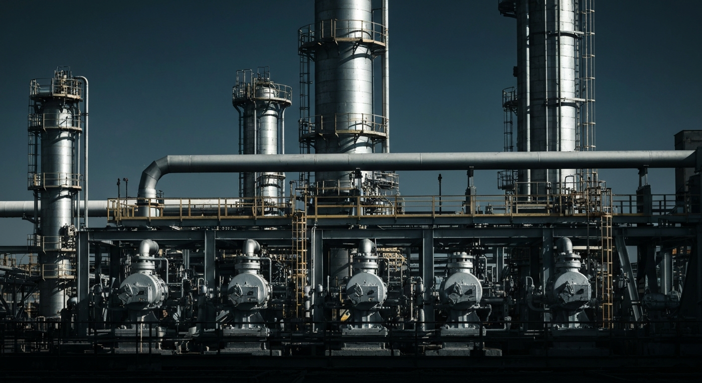 An extreme close-up of rugged, industrial oil refinery equipment and machinery, dramatically lit against a dark background, representing the tangible assets and physical operations of the energy sector.