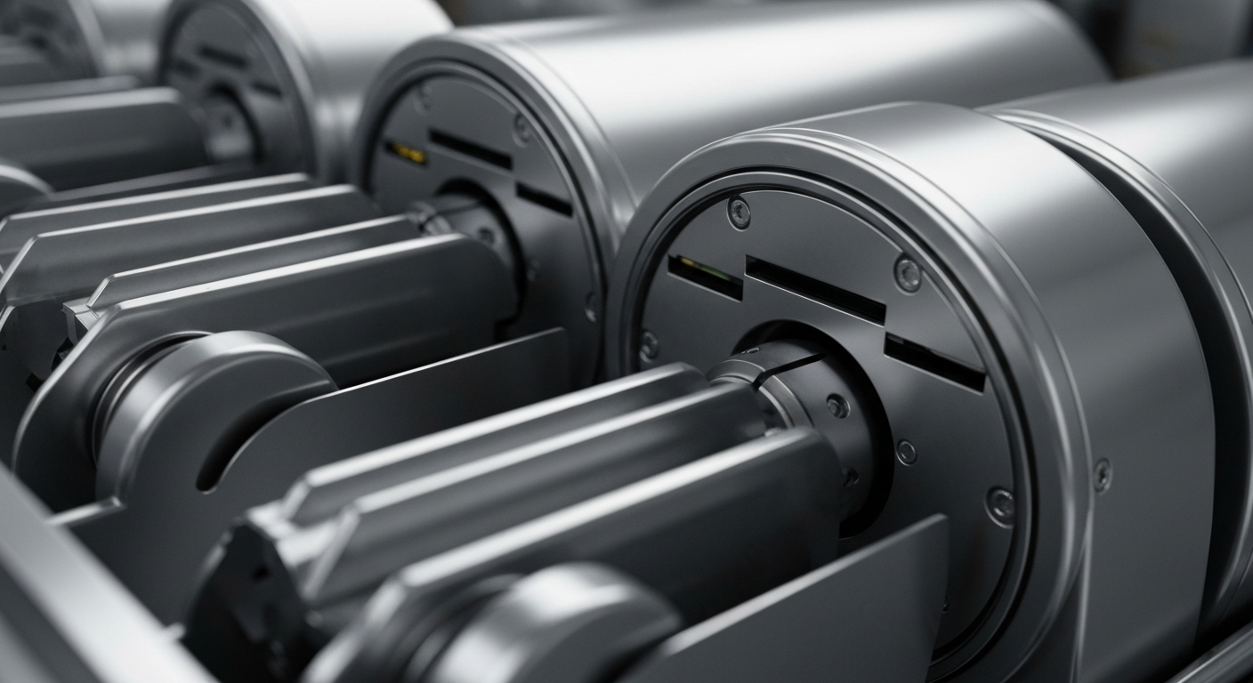 An extreme close-up of gleaming, industrial banking equipment and mechanisms, conveying a sense of institutional strength and financial security without using literal currency or charts.