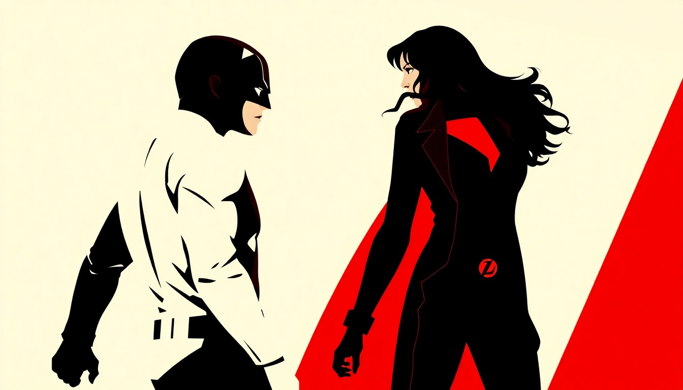 An abstract, minimalist illustration featuring the silhouettes of Daredevil and Jessica Jones in their signature costumes, posed in a confrontational stance against a high-contrast background of bold red and white geometric shapes.