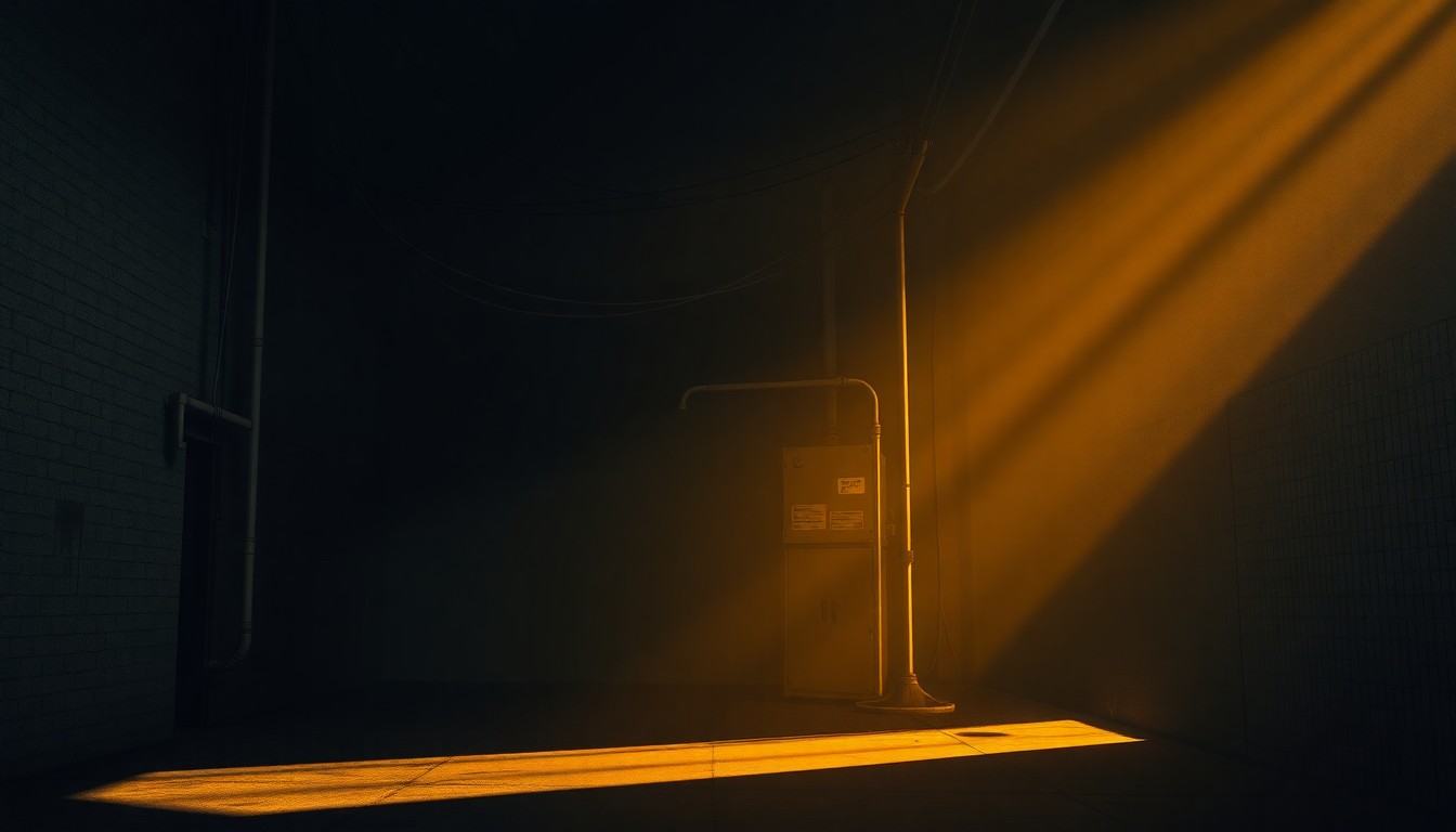 A moody, cinematic painting of a solitary power substation in an urban alleyway, with warm sunlight and deep shadows creating a sense of tension and vulnerability around the vital electrical equipment.