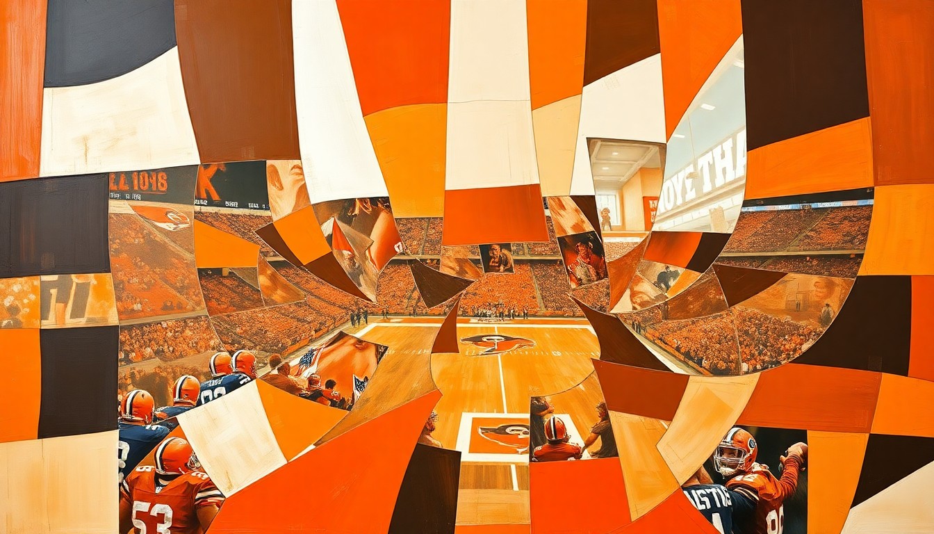 A fractured, geometric painting in shades of orange, brown, and white, depicting an abstract football or draft scene broken down into sharp, overlapping planes, conveying the analytical nature of the NFL Draft.