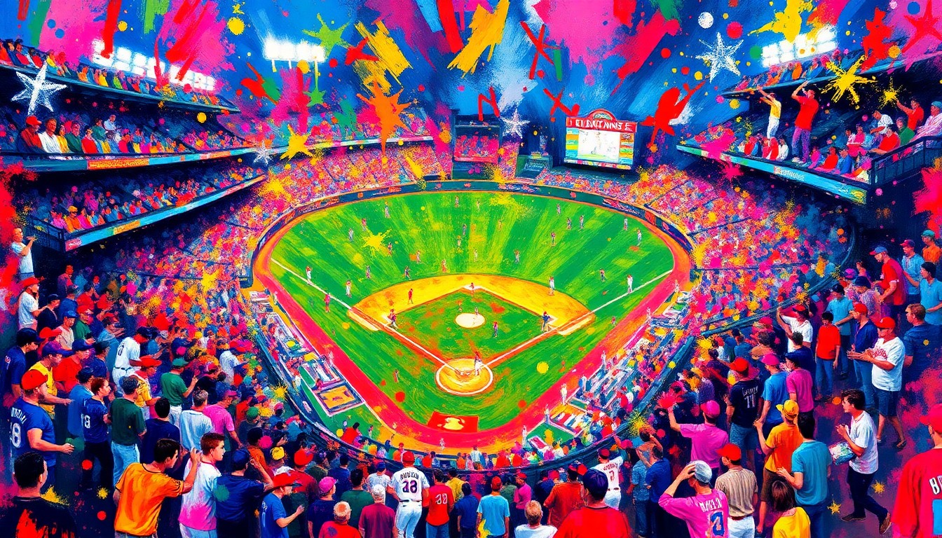 An abstract, expressionist painting featuring bold, sweeping brushstrokes in neon shades of red, orange, and yellow, conveying the raw energy and excitement of a packed baseball stadium on opening day.