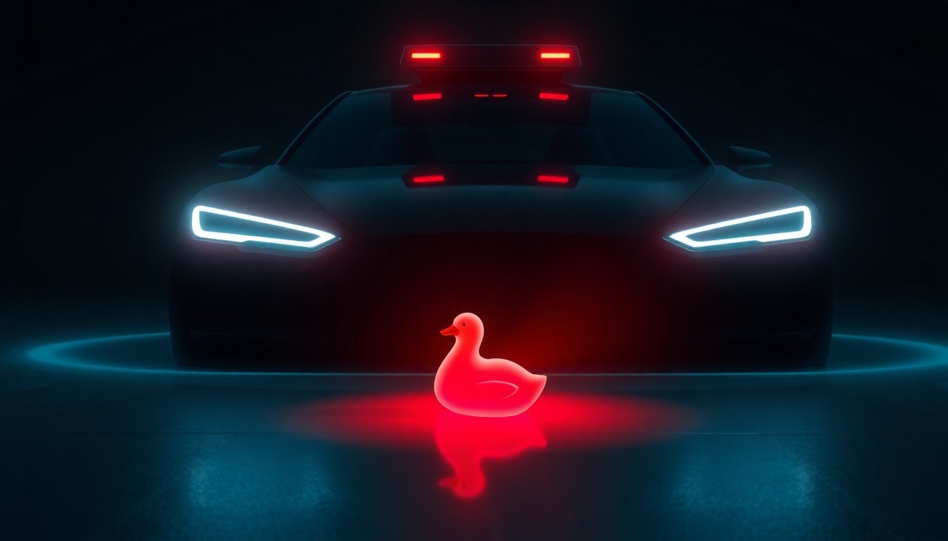 A highly detailed, 3D macro illustration of a self-driving car's sensor array, with a single red light pulsing to represent the impact with a duck. The scene is set against a dark, moody backdrop, conveying the somber tone of the incident.