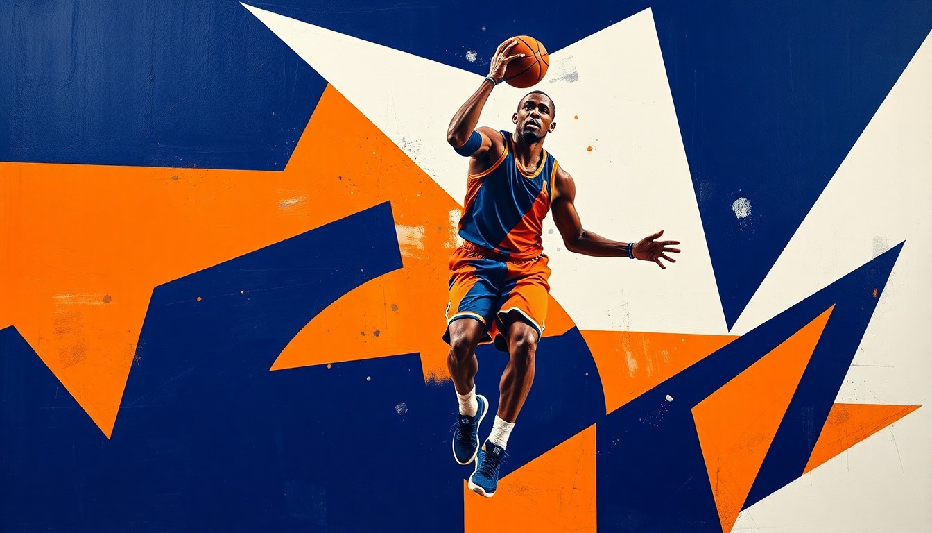 A cubist, geometric painting depicting a basketball player's movements and court presence broken down into sharp, overlapping planes of navy blue, orange, and white.