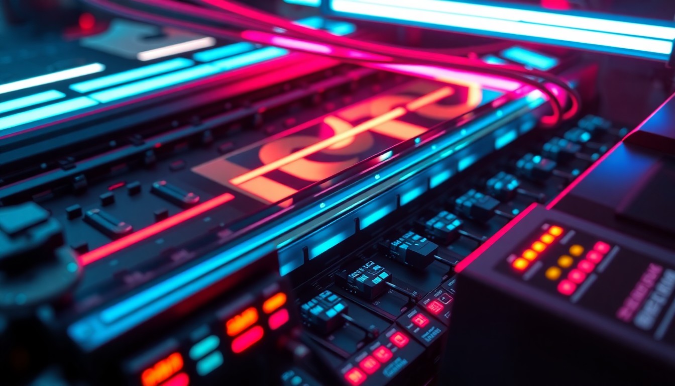 A highly detailed, glowing 3D macro illustration of the internal components of a digital textile printing system, with various parts illuminated by neon cyan and magenta lights, conceptually representing the complex technology behind modern digital apparel decoration.