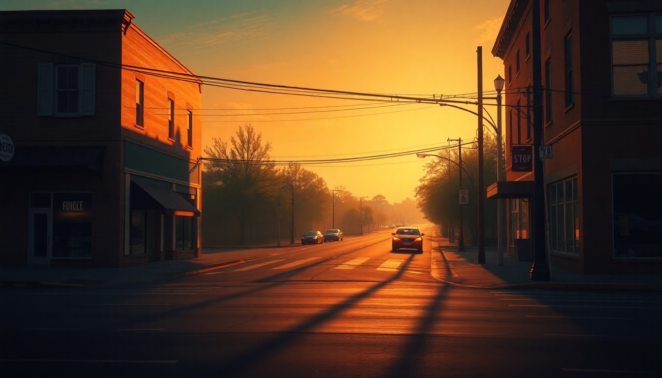 A serene, nostalgic painting of a deserted street corner in a small Southern city, with warm sunlight casting long shadows across the pavement and buildings.