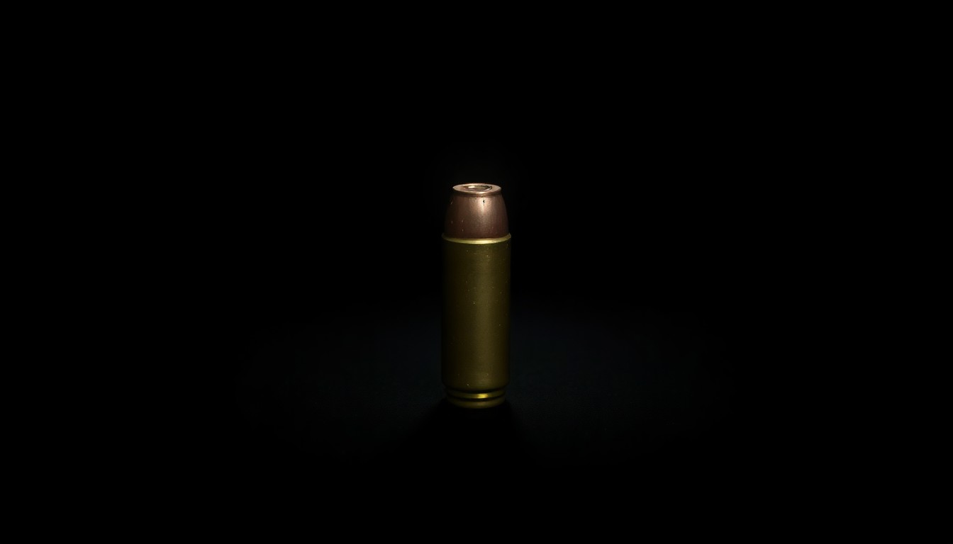 An extreme close-up photograph of a single bullet casing on a dark background, lit by a harsh, direct camera flash, conceptually representing the evidence of a violent crime without depicting any actual violence.