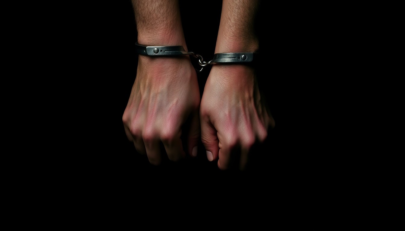An extreme close-up photograph of a pair of handcuffed wrists against a stark, black background, conceptually illustrating the harsh realities of human trafficking and the need for coordinated law enforcement action.