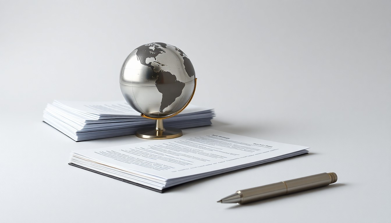 A high-end, photorealistic studio still-life photograph featuring a polished metal globe, a stack of business documents, and a pen resting on a clean, monochromatic background, conceptually representing the global nature of business and investment.