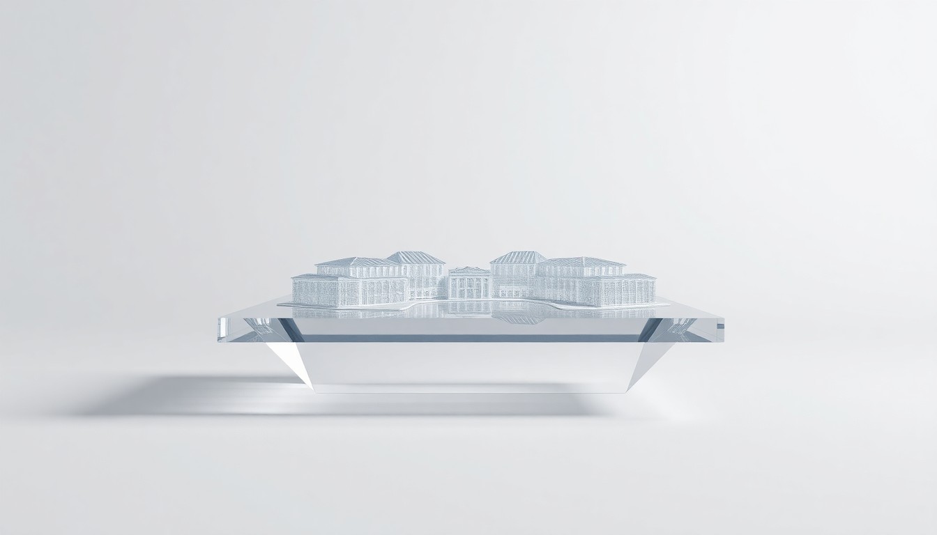 A polished, geometric glass model of the Airabella Lake Oconee development, floating elegantly on a clean, monochromatic background and using dramatic studio lighting to represent the project's investment potential.