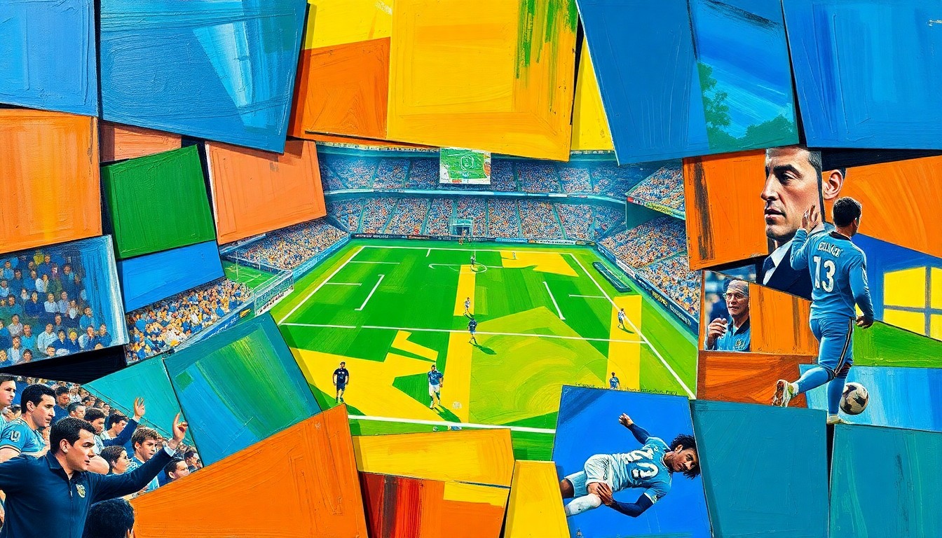 A cubist-style painting featuring fragmented geometric shapes and planes in shades of blue, green, and orange, conceptually representing the complex strategic and financial factors behind an NFL trade.