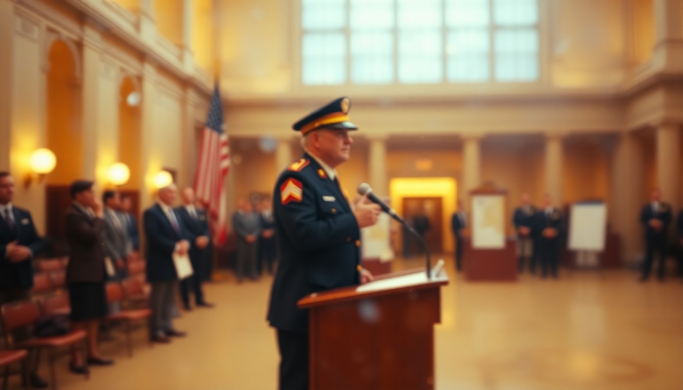 An extremely abstracted, out-of-focus photograph in warm tones, showing the blurred silhouette of a person in military uniform standing at a podium, conceptually representing a veteran leading the Pledge of Allegiance in a civic setting.