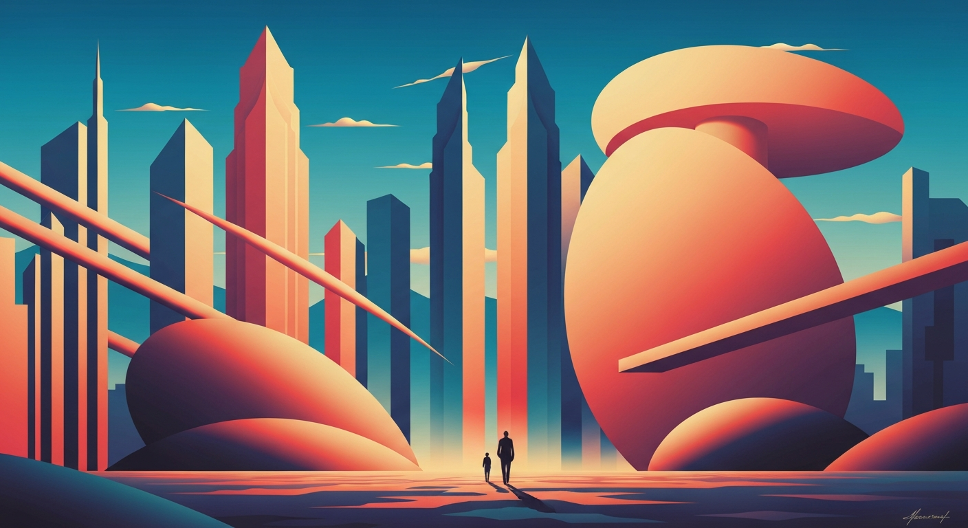 A highly stylized, geometric illustration in the Art Deco Monumentalist style, featuring sweeping, smooth gradients and towering architectural forms, conceptually representing the grand scale and romance of travel and tourism.