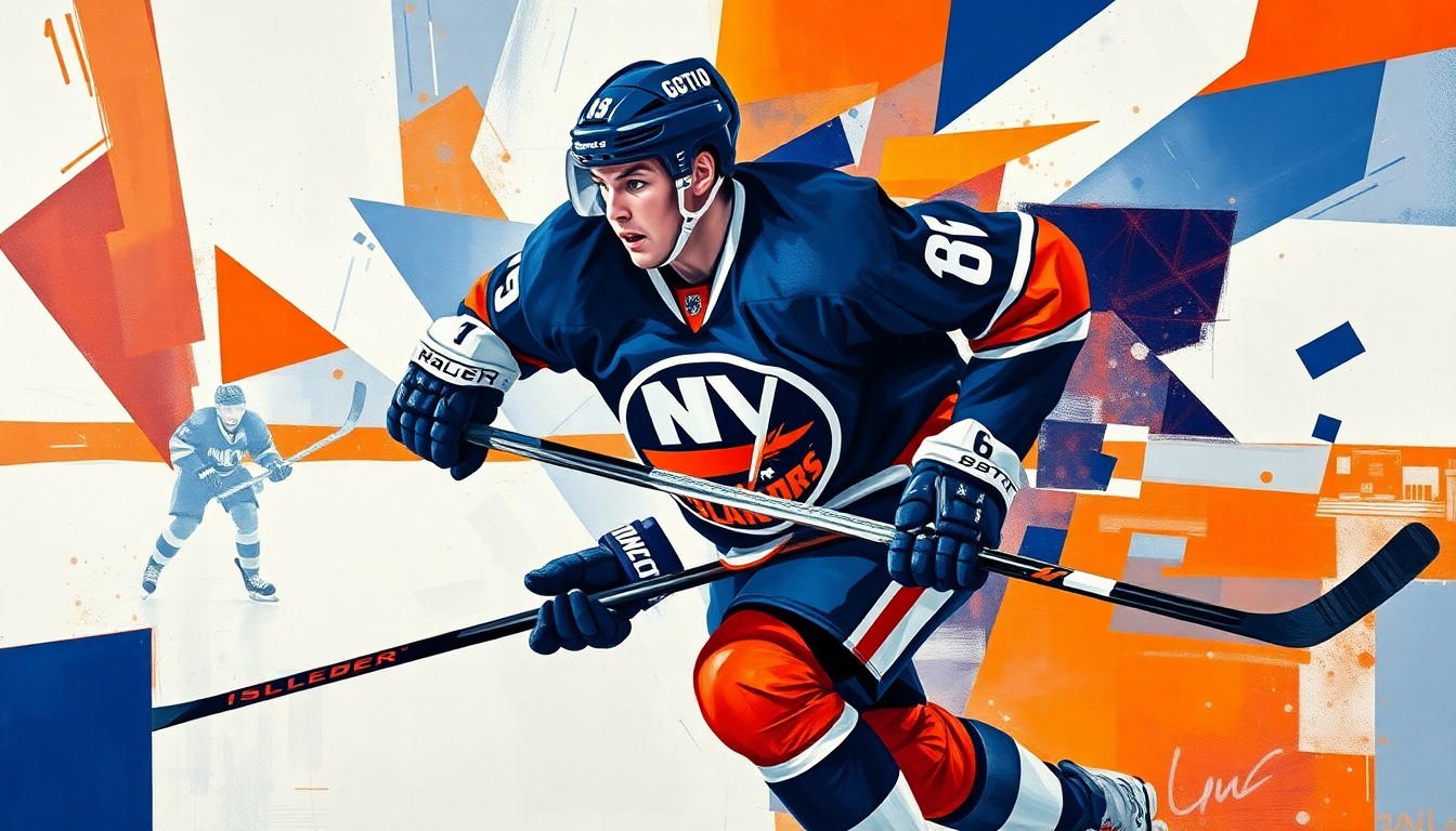 A fragmented, geometric painting in shades of navy, orange, and white depicts the dynamic movements of a hockey defenseman, representing the Islanders' push for the playoffs.