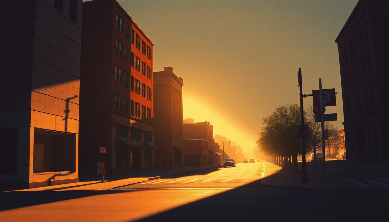 A serene, painterly scene of a downtown Louisville street corner, with warm sunlight casting long shadows across the pavement and buildings, conveying a sense of anticipation and possibility for the future of the urban core.