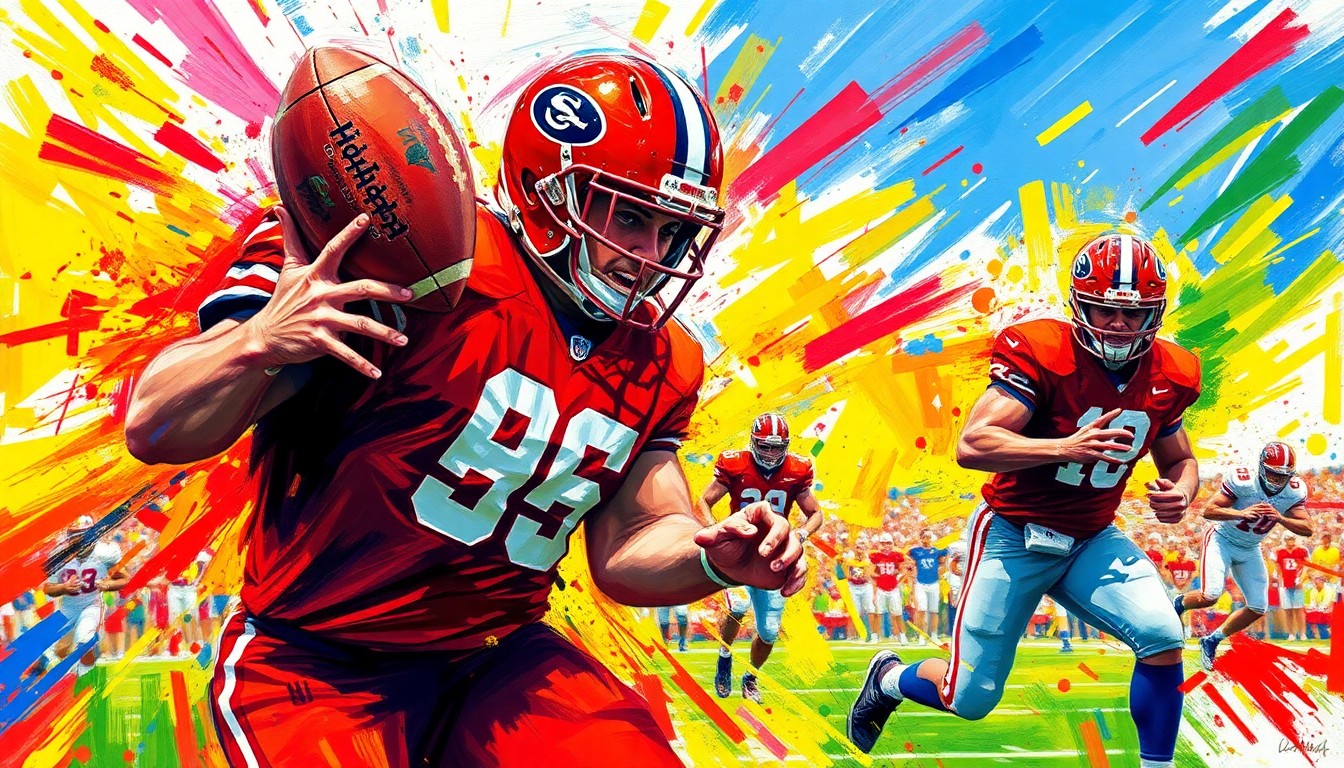 An abstract, expressionist painting featuring bold, neon-colored brushstrokes that capture the dynamic movement and energy of a college football practice session.