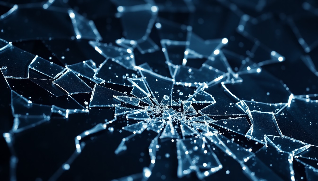 An abstract close-up image of shattered glass, reflecting dramatic studio lighting to create a high-fashion, glamorous aesthetic without depicting any literal objects or people.