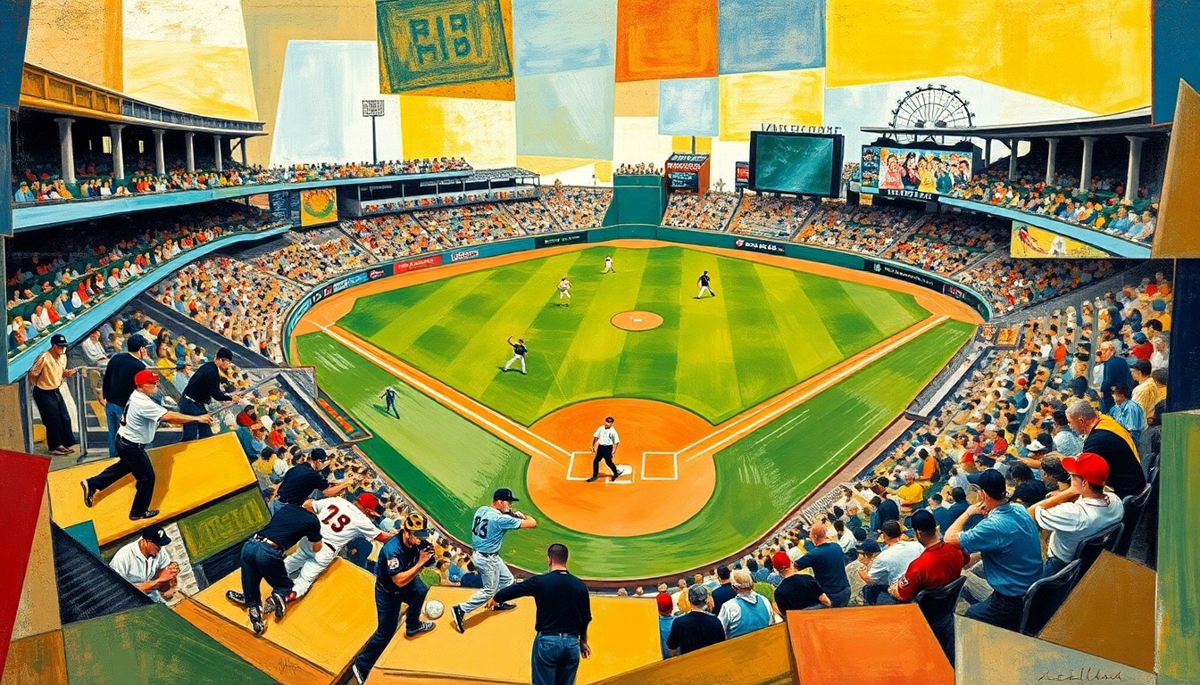 A cubist, geometric painting depicting the dynamic action of a baseball game, with players and the field of play fragmented into sharp, overlapping planes of color and form.