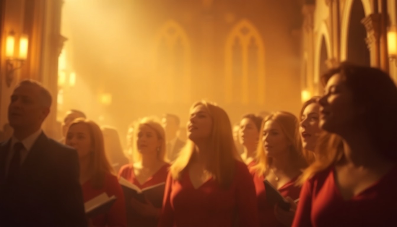 An abstract, impressionistic photograph in soft, warm tones depicting the blurred silhouettes of a choir singing in a church, conveying the emotional resonance of a community gathering to celebrate a life well-lived.