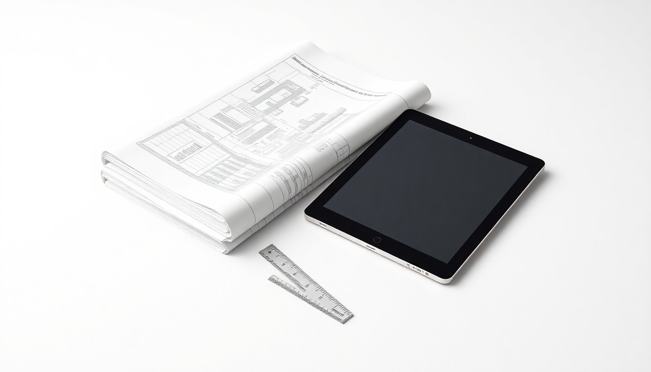 A high-end, photorealistic studio still-life photograph featuring a stack of architectural blueprints, a ruler, and a tablet computer arranged elegantly on a clean, white seamless background, conceptually representing abstract corporate strategy and real estate development.
