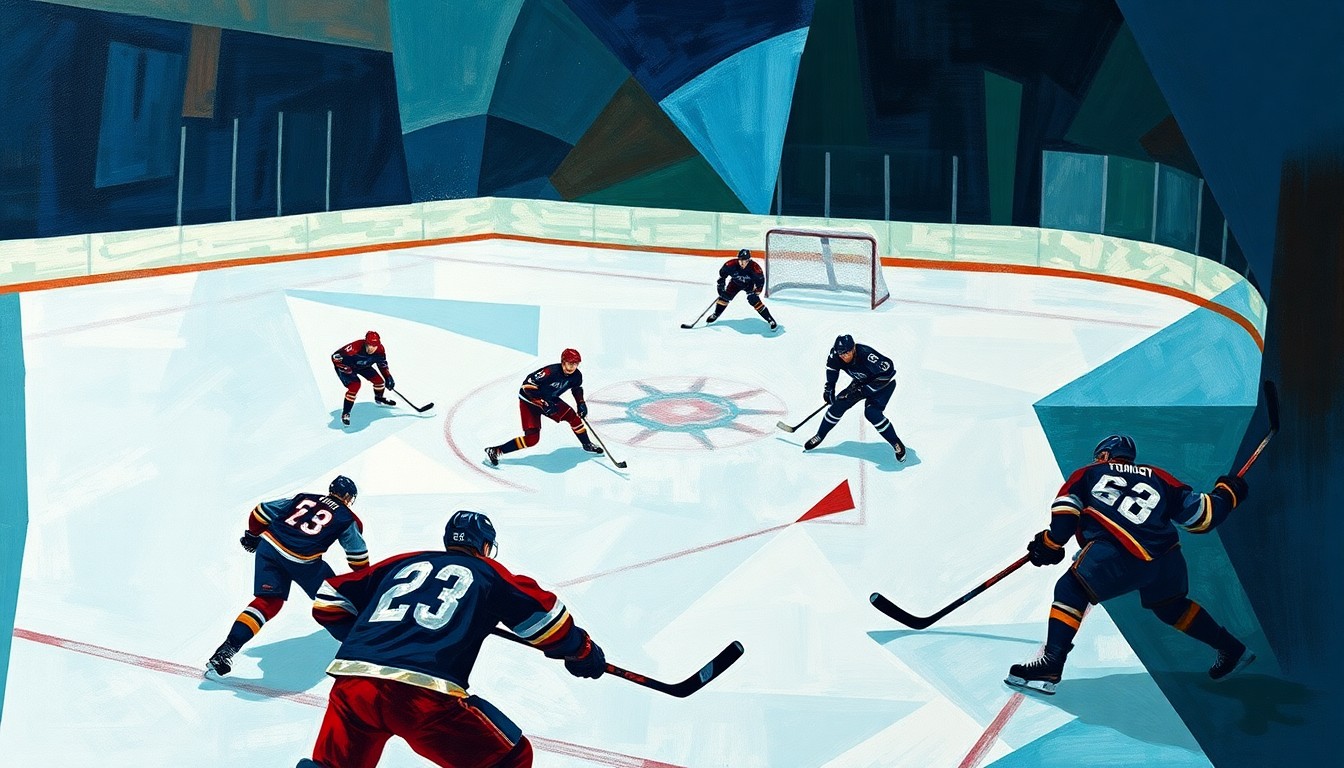 A cubist, geometric painting depicting a hockey game, with players and the ice reduced to angular, abstracted shapes in a palette of deep blues, greens, and reds.