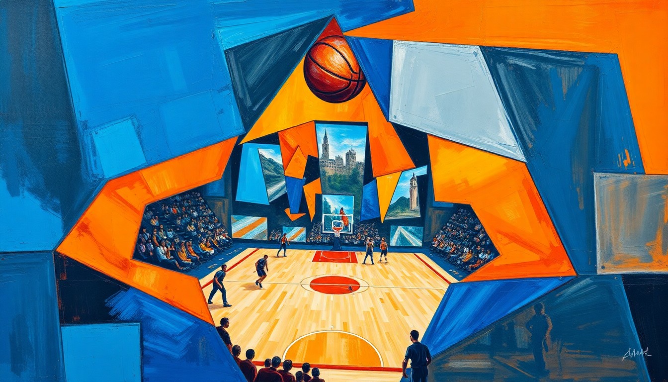 A cubist-style painting featuring fragmented geometric shapes in vibrant blue, orange, and silver tones, conceptually representing the transition of an NBA coach to the college game.