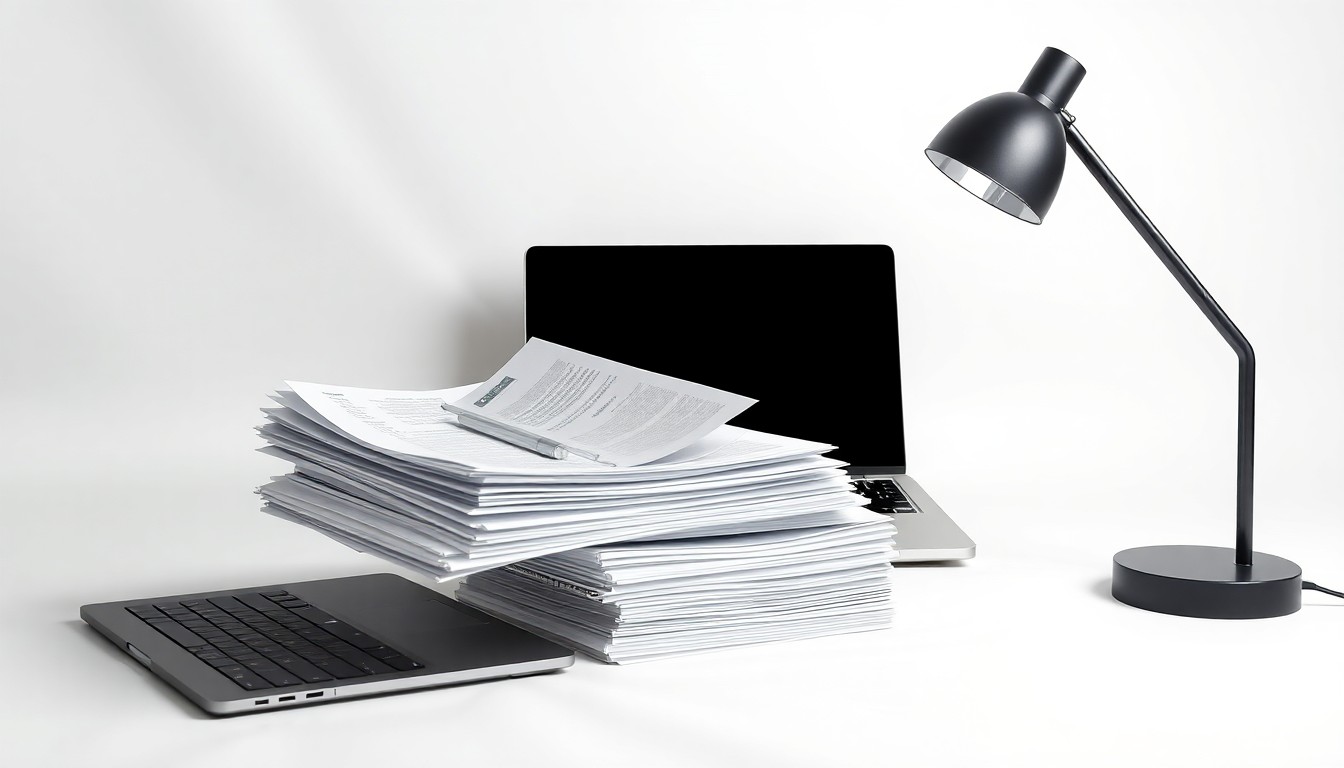 A high-end, photorealistic studio still-life photograph featuring a stack of neatly organized financial documents, a sleek laptop, and a modern desk lamp arranged elegantly on a clean, white seamless background, conceptually representing Liquidity Services' corporate strategy and financial performance.
