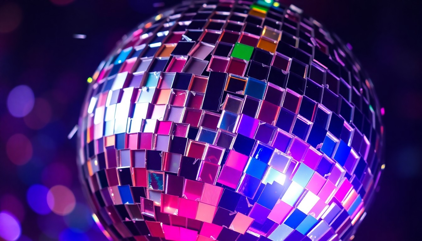 An abstract, high-contrast close-up photograph of a shattered disco ball reflecting a kaleidoscope of colorful lights, conceptually representing the pressures and challenges of fame.