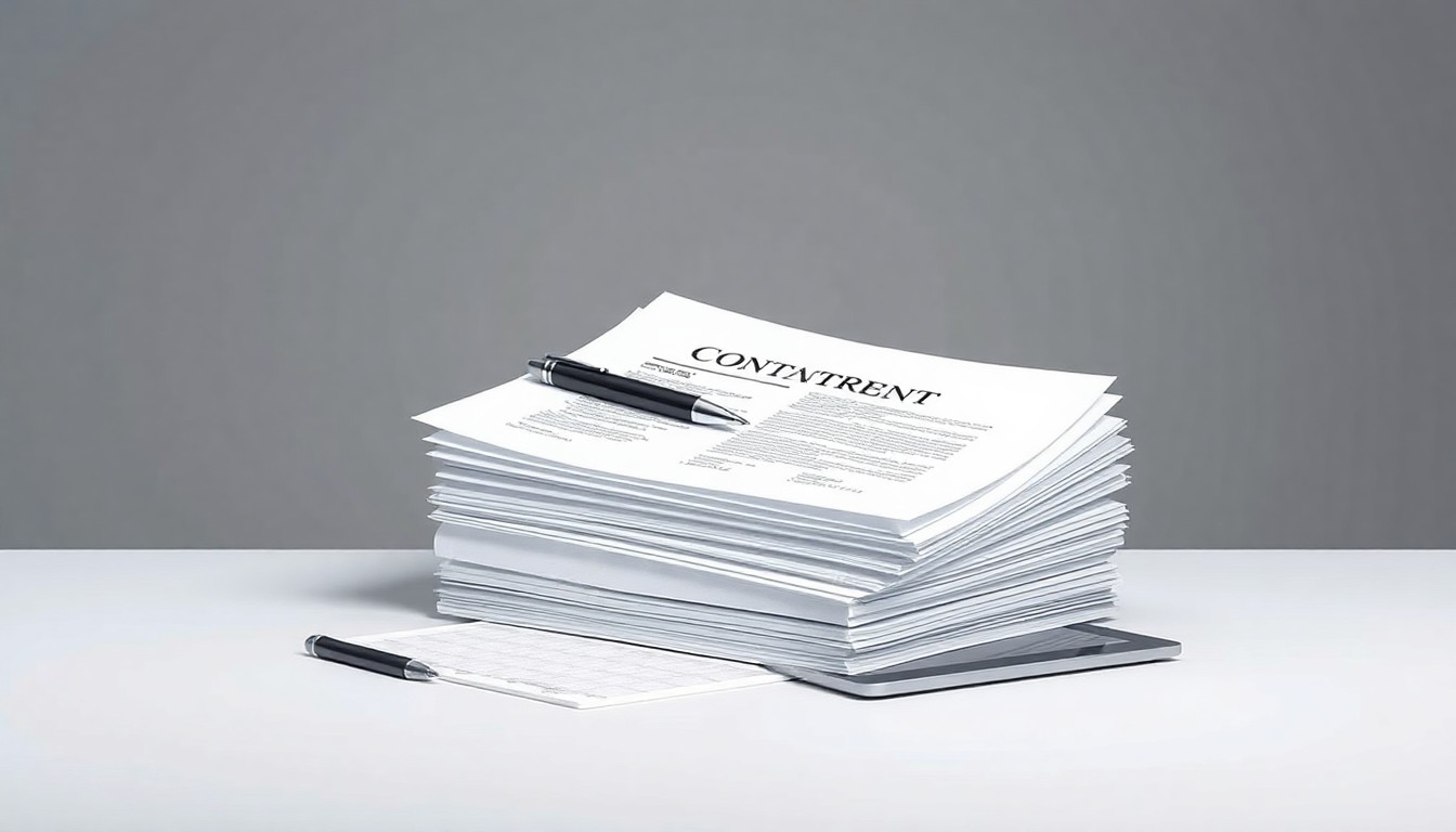 A photorealistic studio still-life featuring a stack of contract documents, a pen, and a digital tablet arranged on a clean, monochromatic background, symbolizing the strategic planning and collaboration required for modern supply chain management.