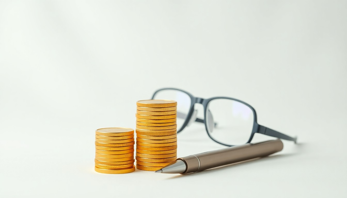 A high-end, photorealistic studio still-life photograph featuring a stack of gold coins, a pen, and a pair of eyeglasses arranged elegantly on a clean, white seamless background, conceptually representing the financial leadership, governance, and community focus of California Coast Credit Union.