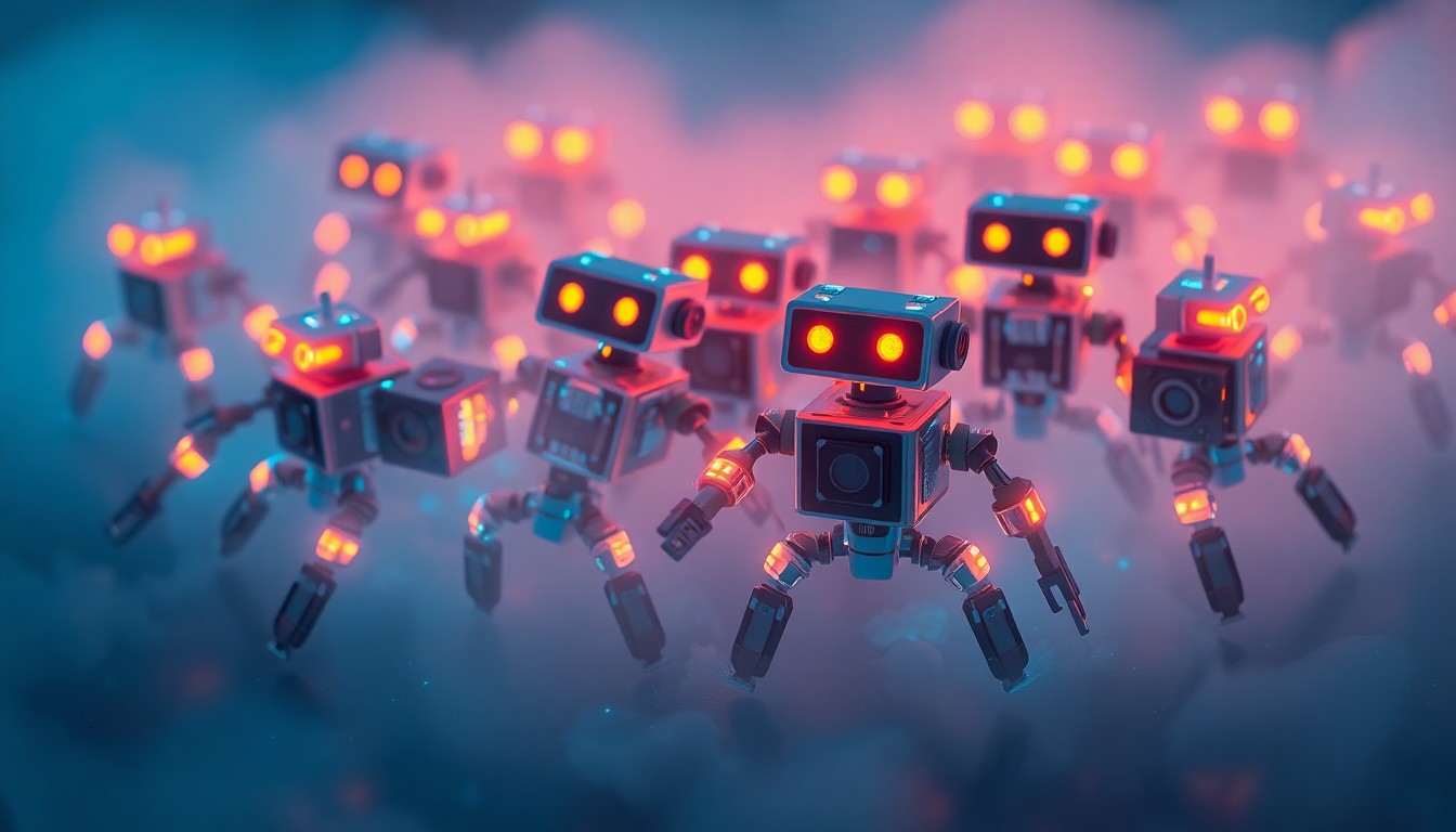 A vibrant, neon-lit 3D illustration of a group of modular, glowing robots arranged in a dynamic, exploratory formation, conveying a sense of technological wonder and discovery.