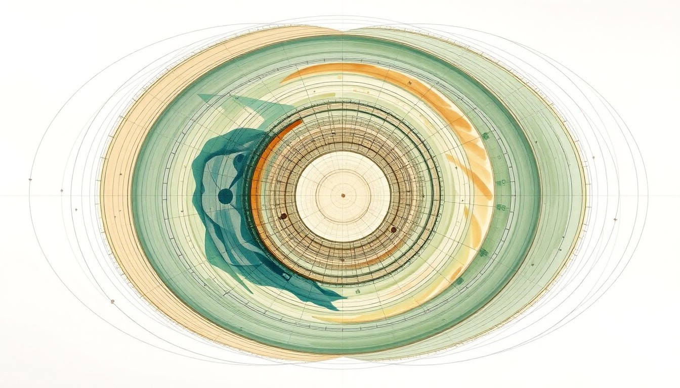 A highly structured abstract painting in soft, earthy tones of green, blue, and brown, featuring sweeping geometric arcs, concentric circles, and precise spirals, conceptually representing the complex interaction between microwave-based quantum computing systems and optical communication networks.