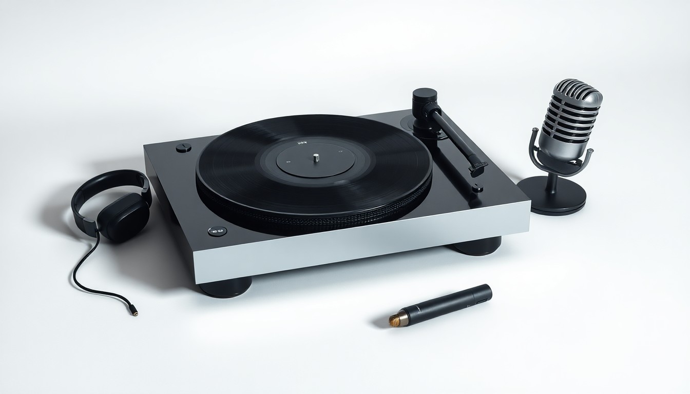 A photorealistic studio still life featuring a sleek turntable, vinyl record, high-end headphones, and vintage microphone, symbolizing the business of music in a clean, editorial style.