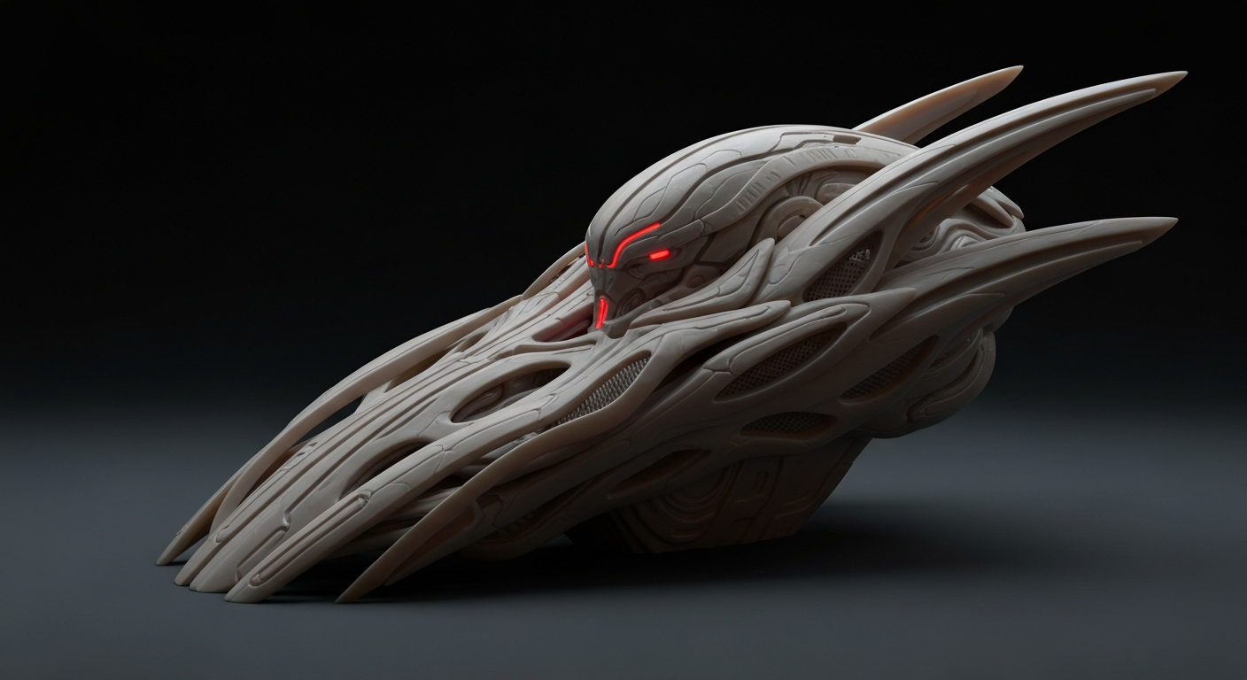 A close-up view of a stylized, bronze sculpture of a medical device or piece of equipment, with a heavy, polished surface and dramatic lighting, conveying a sense of power and precision in the medical technology industry.