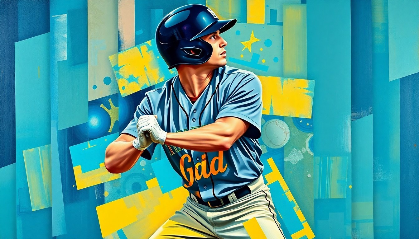 A cubist-style painting depicting a baseball player's batting stance, broken down into sharp, overlapping geometric shapes in the Mariners' team colors, conveying the energy and excitement of a rising prospect's new contract.